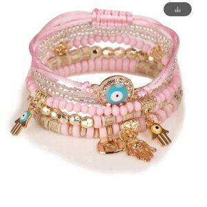 Arm Party Set of Pink Bohemian Evil Eye Ward Friendship Bracelets